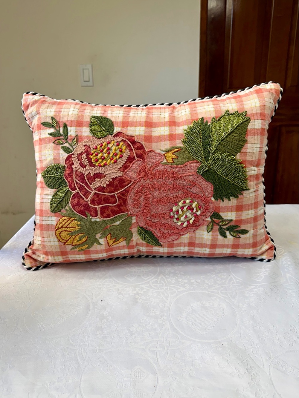 Mackenzie-Child’s Tattersall Rose Lumbar Pillow
